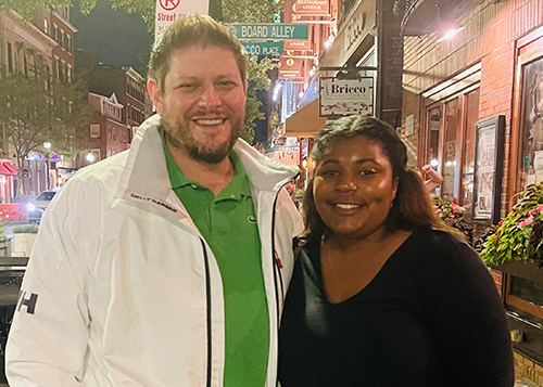 Mentor Michael Gambuto and Protégé Bichelle Jeffries standing together in Boston during their first face to face visit